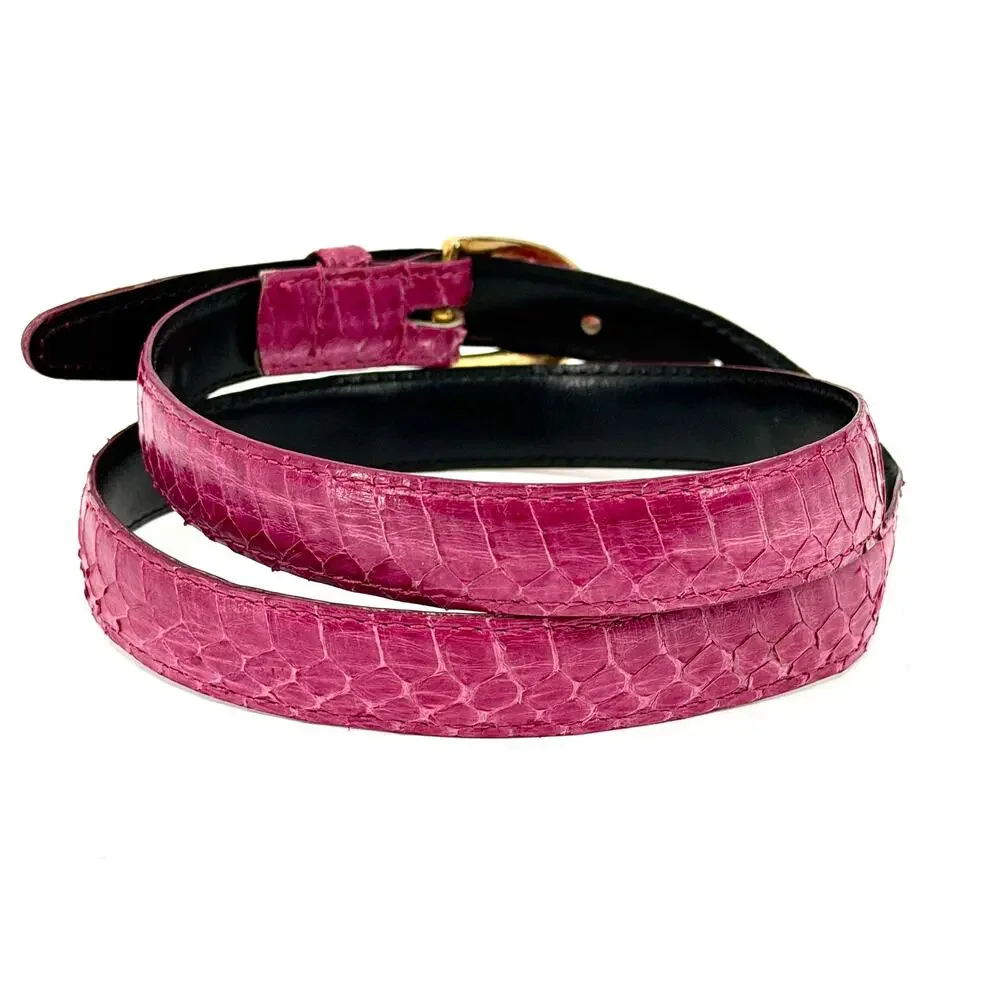 Vintage 90s Pink Genuine Snakeskin Gold Buckle Skinny Belt